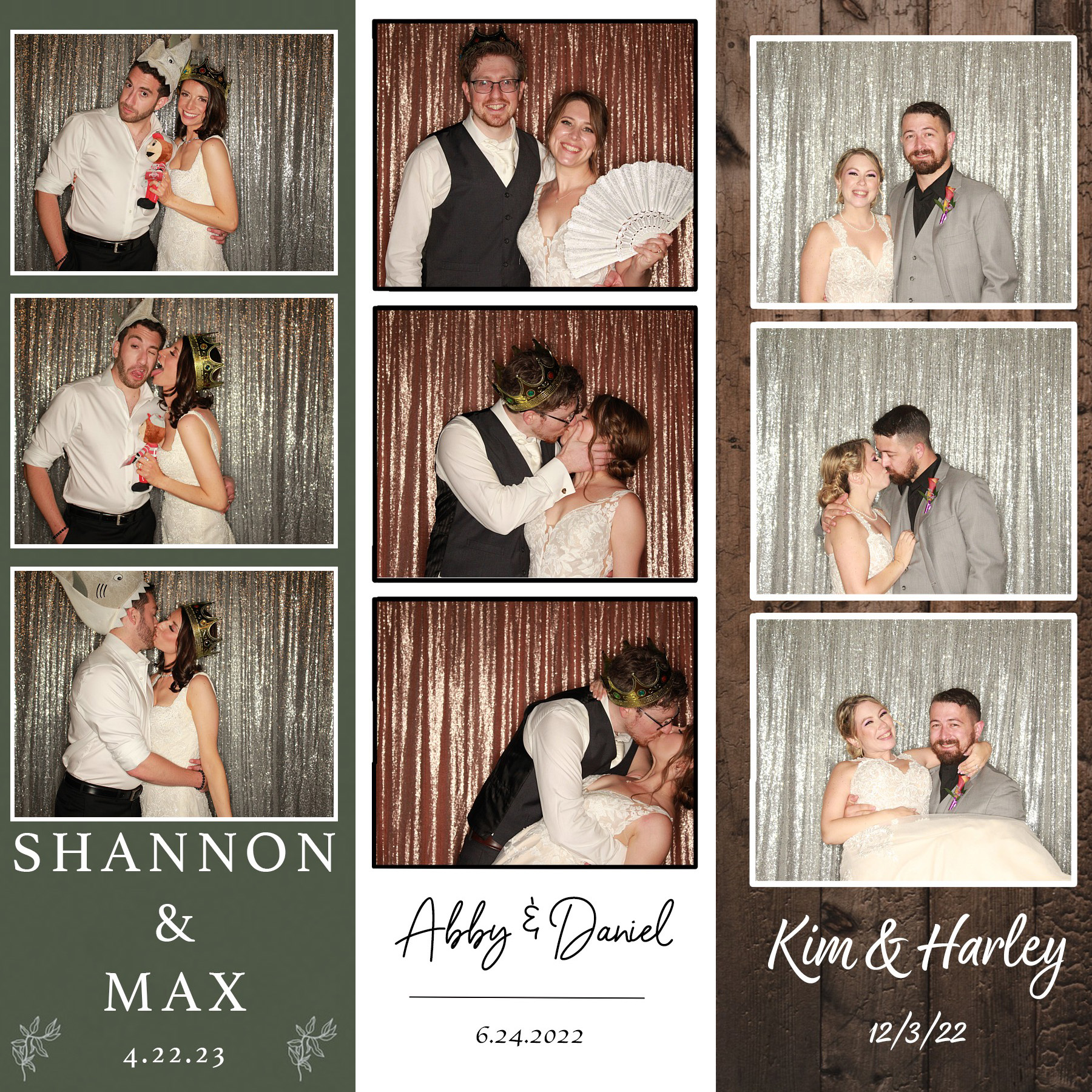 Couple's wedding photo booth moments with family and friends.